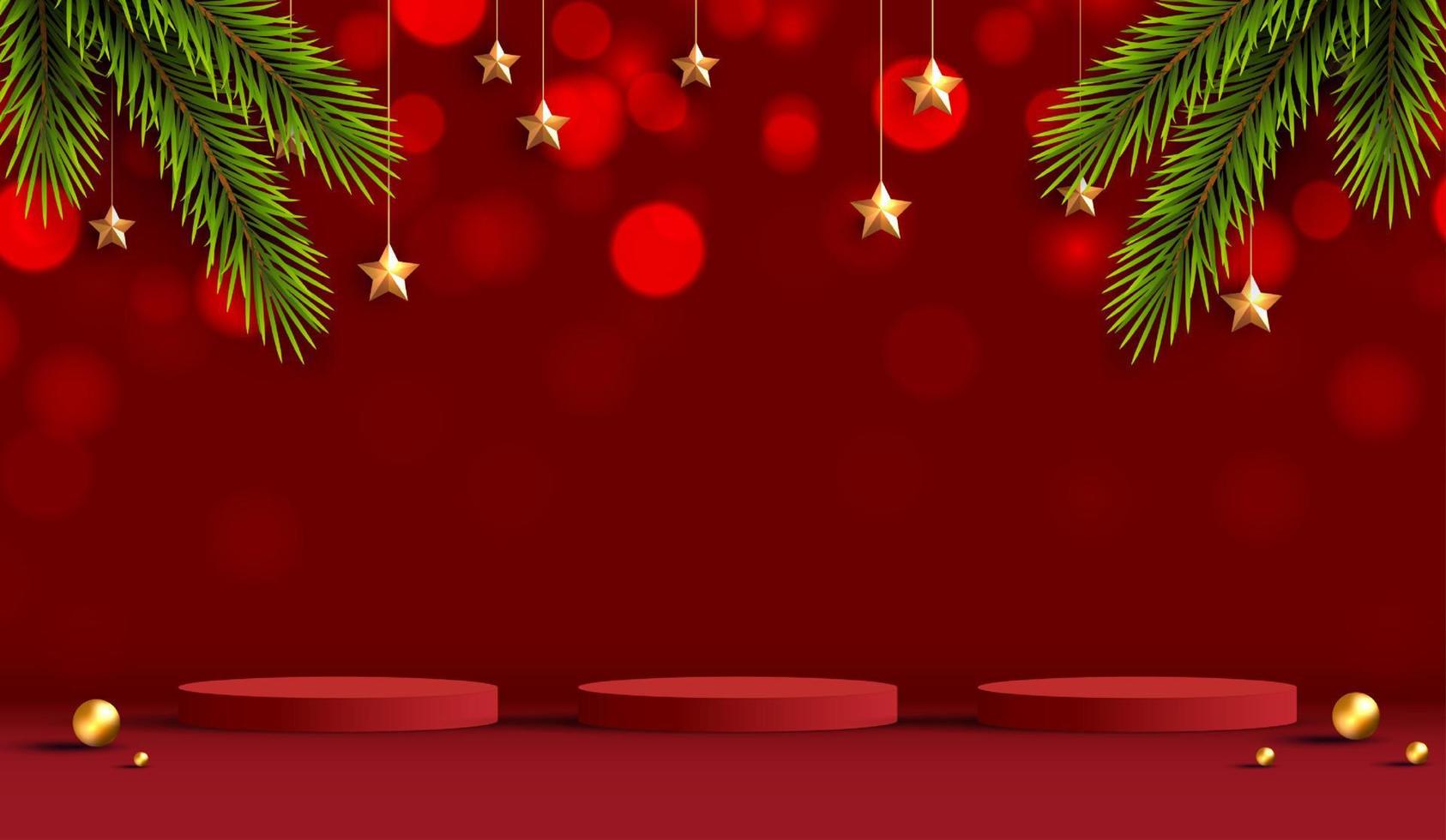 Feliz Navidad es la forma del podio de geometría para mostrar la exhibición de productos cosméticos. pedestal o plataforma de escenario. Fondo rojo de Navidad de invierno con árbol de Navidad para producto de promoción. diseño vectorial vector