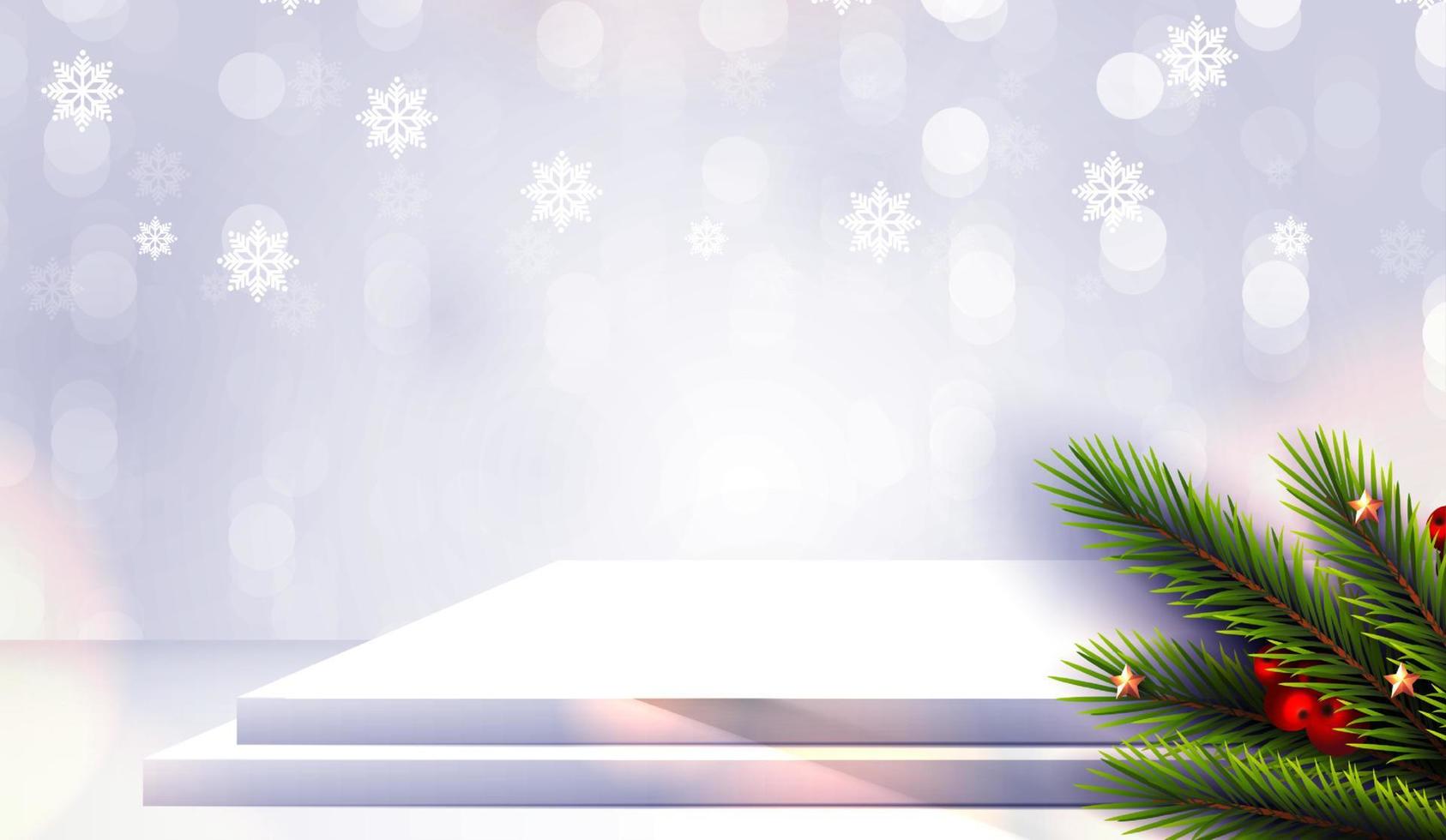 Feliz Navidad es la forma del podio de geometría para mostrar la exhibición de productos cosméticos. pedestal o plataforma de escenario. Fondo rojo de Navidad de invierno con árbol de Navidad para producto de promoción. diseño vectorial vector