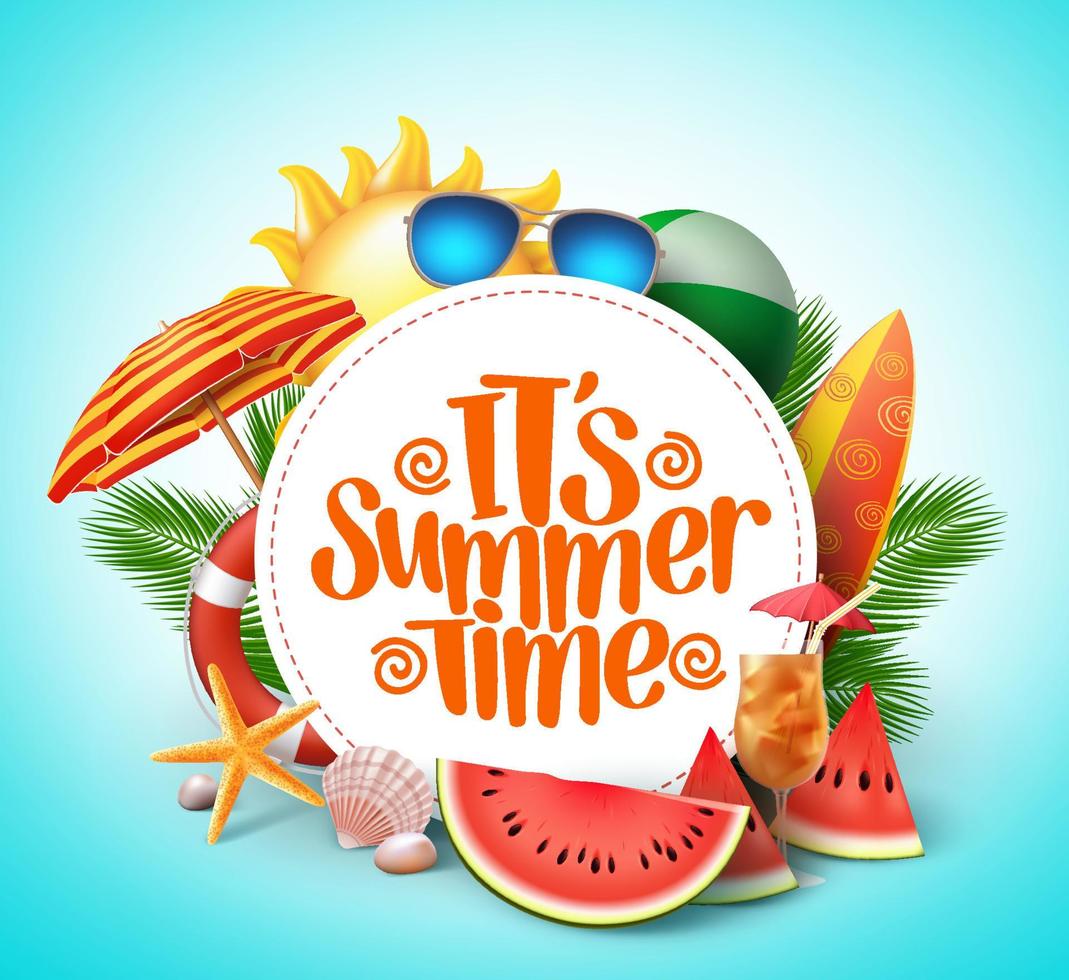Summer time vector banner design with white circle for text and colorful beach elements in white background.