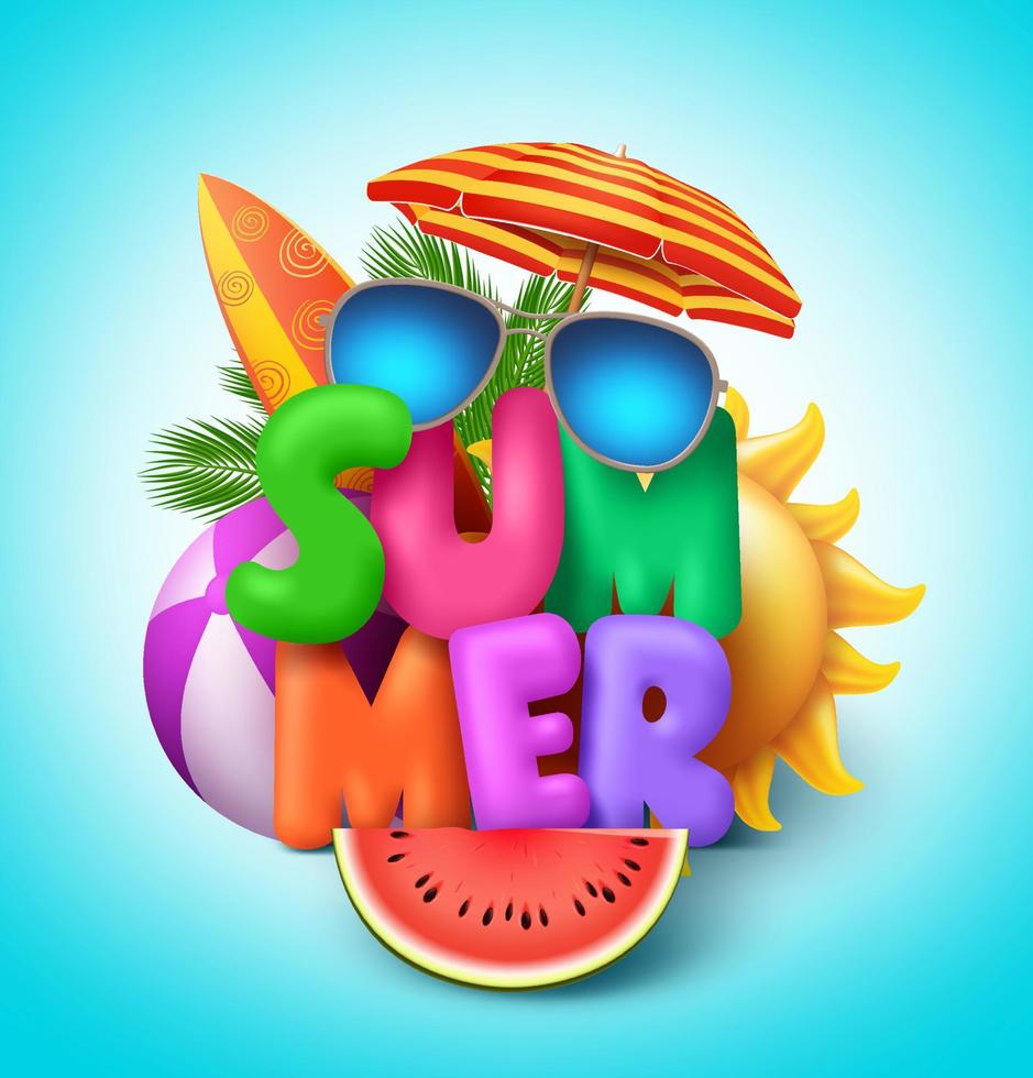 diseño de banner de vector de verano con texto colorido con elementos como pelota de playa y sombrilla para la temporada de verano