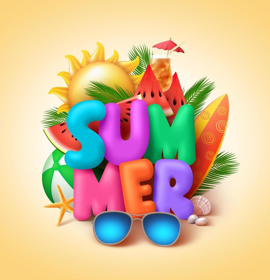 diseño de banner de vector de verano con texto de verano colorido 3d y elementos de playa como sandías y gafas de sol en fondo amarillo.