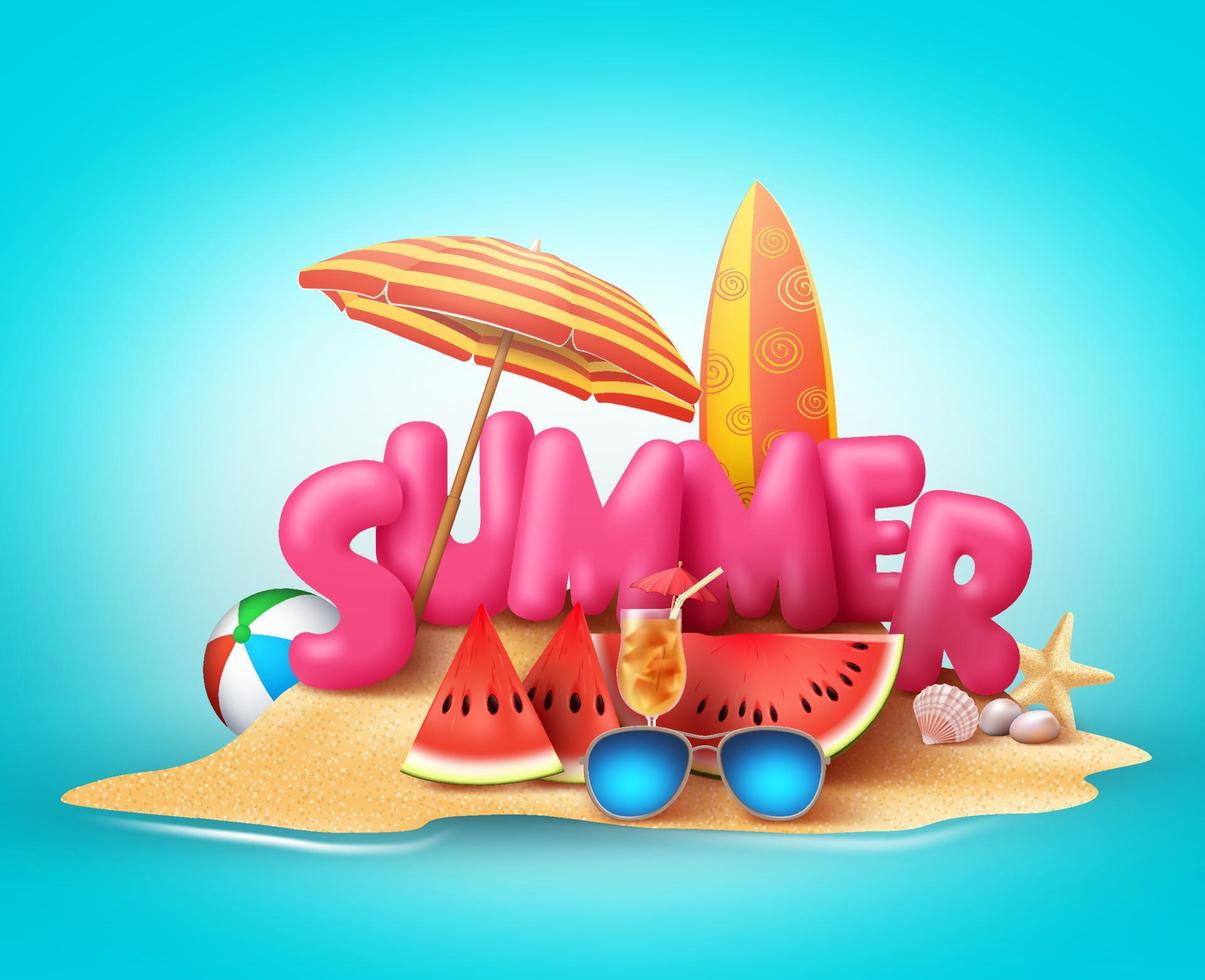 diseño de banner de vector de playa de verano. texto 3d de verano en la arena con elementos coloridos como paraguas, tabla de surf, sandía,