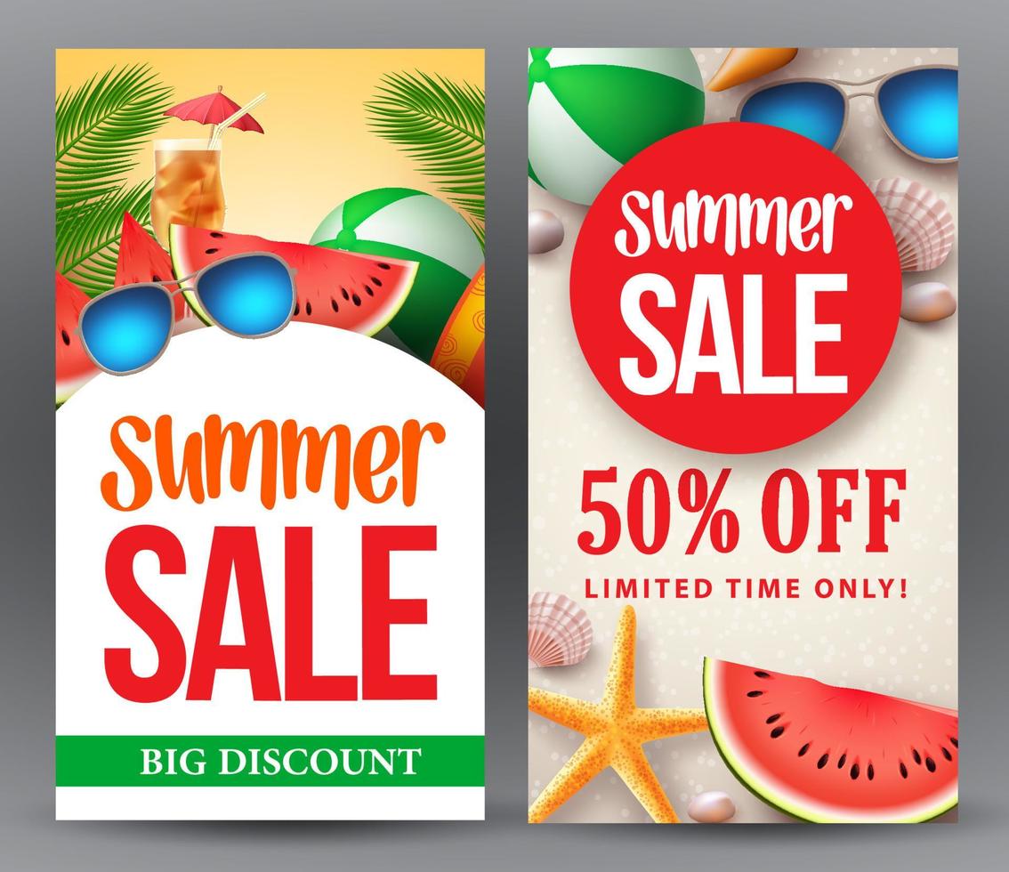 Summer sale vector banner set designs for season shopping promotion with tropical background.