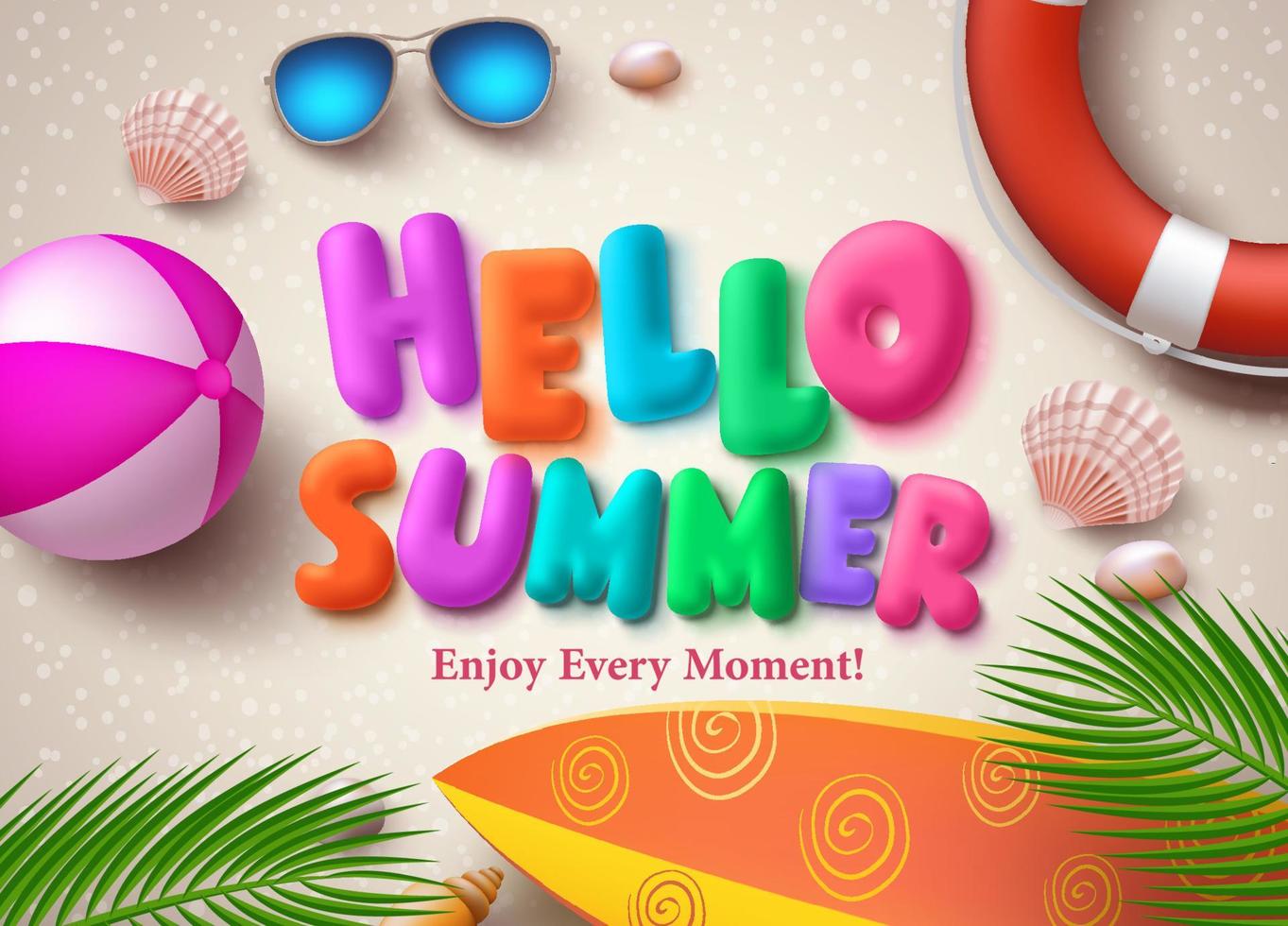 Hola texto de vector colorido de verano en diseño de banner con hojas de palmera, pelota de playa y estrellas de mar en el fondo de arena