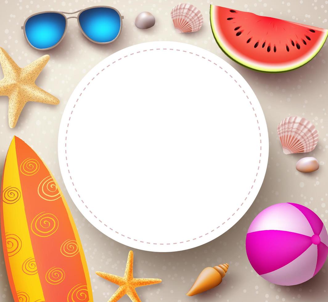 Summer vector background with empty white circle for text and colorful elements and objects in beach sand.