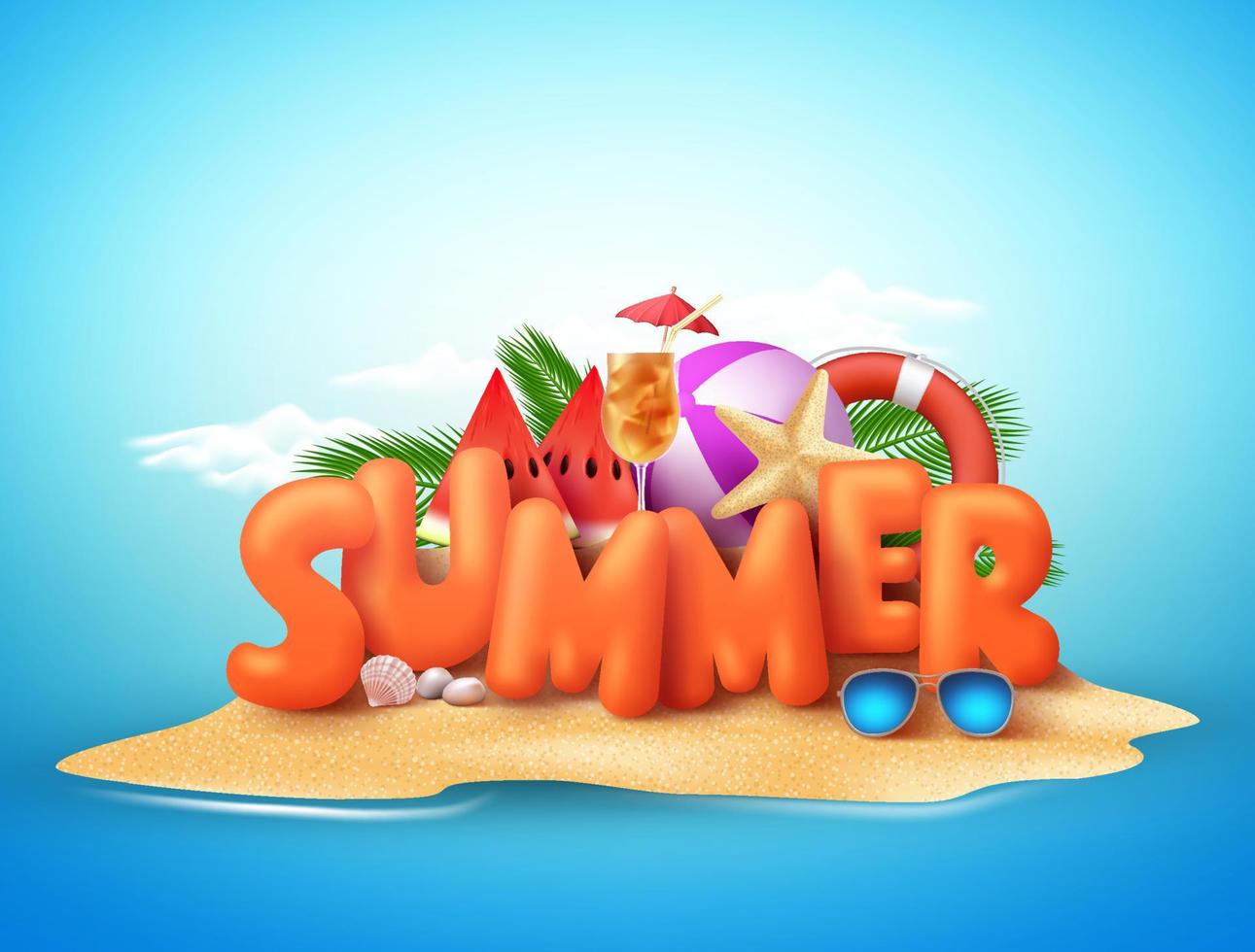 Diseño vectorial de día de verano de texto de verano en 3D en una isla de playa con elementos tropicales sobre la arena vector