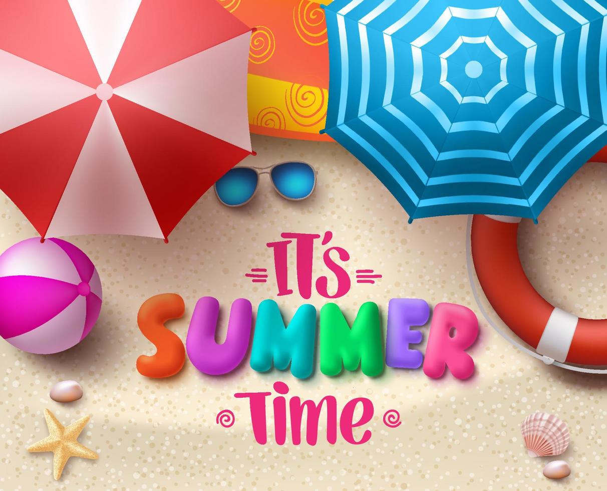 Summer time vector colorful text in the sand with beach umbrellas, objects and elements under palm leaves.
