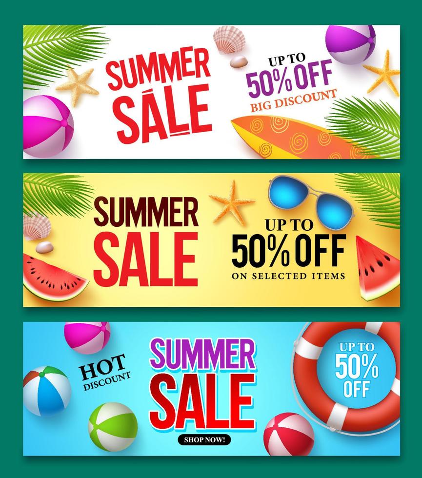 Summer sale vector banner set with discount text and summer elements in colorful backgrounds for web shopping promotions.