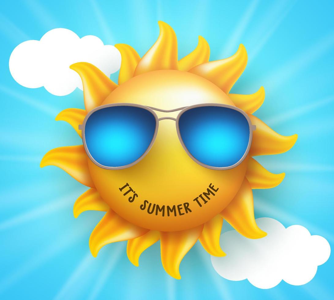 Diseño de vector de sol de verano con sonrisa divertida y texto de horario de verano con gafas de sol en fondo azul.