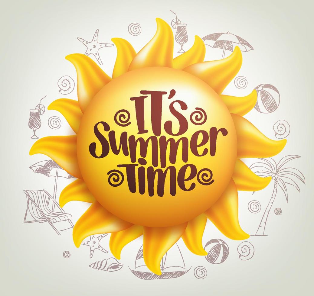 3D Realistic Sun Vector with Summer Time Title in a Background with Hand Drawing Summer Elements.