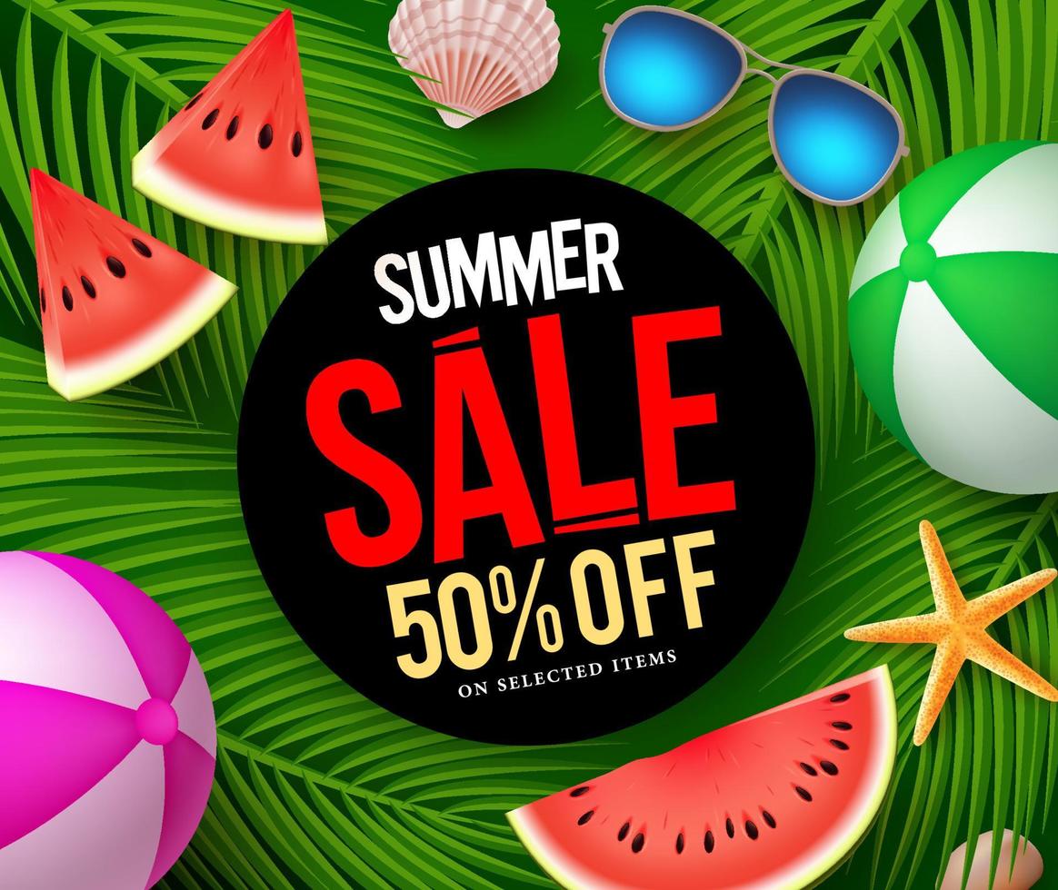 Banner de venta de verano con texto en fondo de hojas de palma con elementos vectoriales coloridos para promoción de marketing de temporada de verano. vector