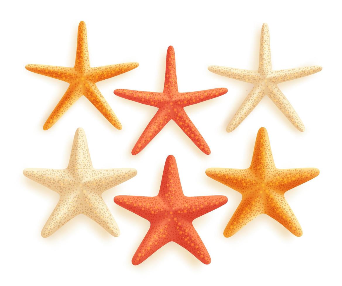 Conjunto realista 3d de estrellas de mar vectoriales con diferentes colores para elementos de diseño de verano aislados en fondo blanco. vector