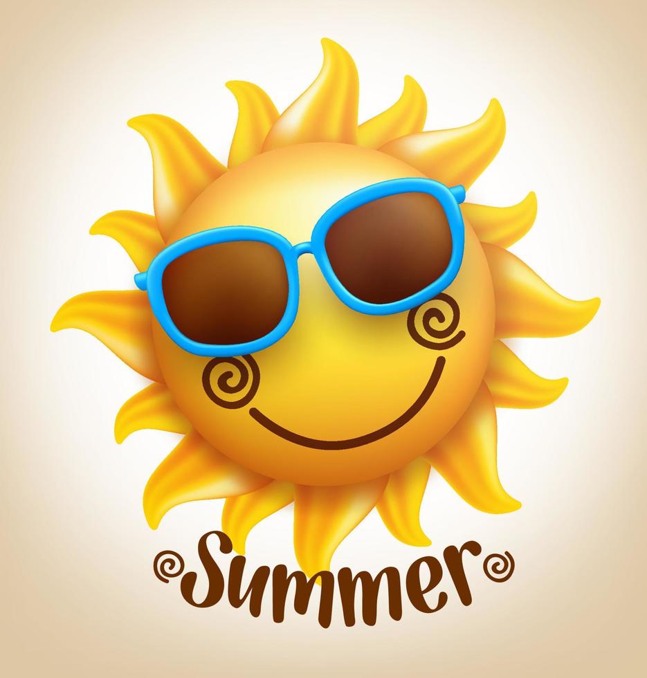 Vector de sol lindo sonriente feliz realista 3d con gafas de sol de colores con título de verano.
