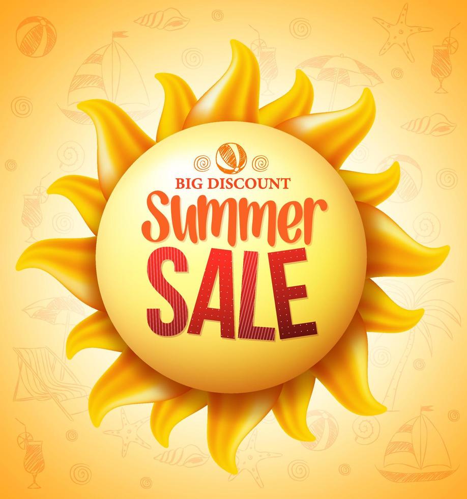 3D Realistic Yellow Sun with Summer Sale Discount Text with Yellow Pattern in Background vector