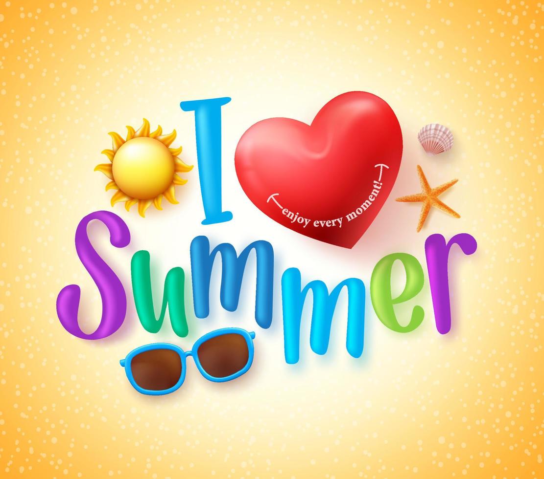 I Love Summer Design Concept with Happy Heart and Summer Elements in Yellow Background for Summer Season. vector