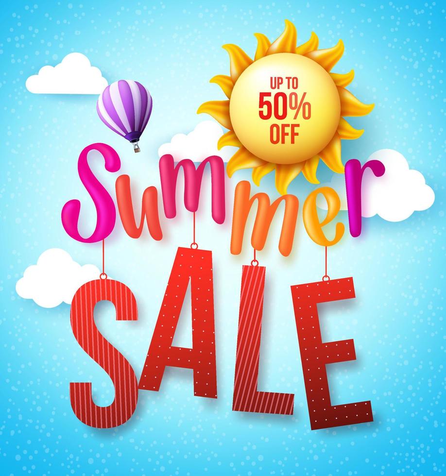 Summer Sale Design Concept Hanging in Blue Sky Background with Yellow Sun, Flying Balloon and Clouds. vector
