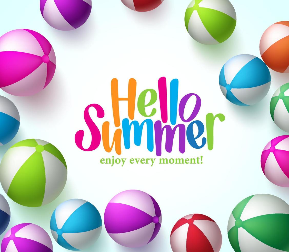 Colorful Vector Beach Balls Background in White with Hello Summer Title in Center.