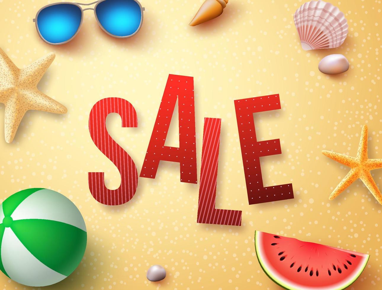 Summer sale vector banner design with palm leaves, elements and objects in beach sand background for holiday promotion.