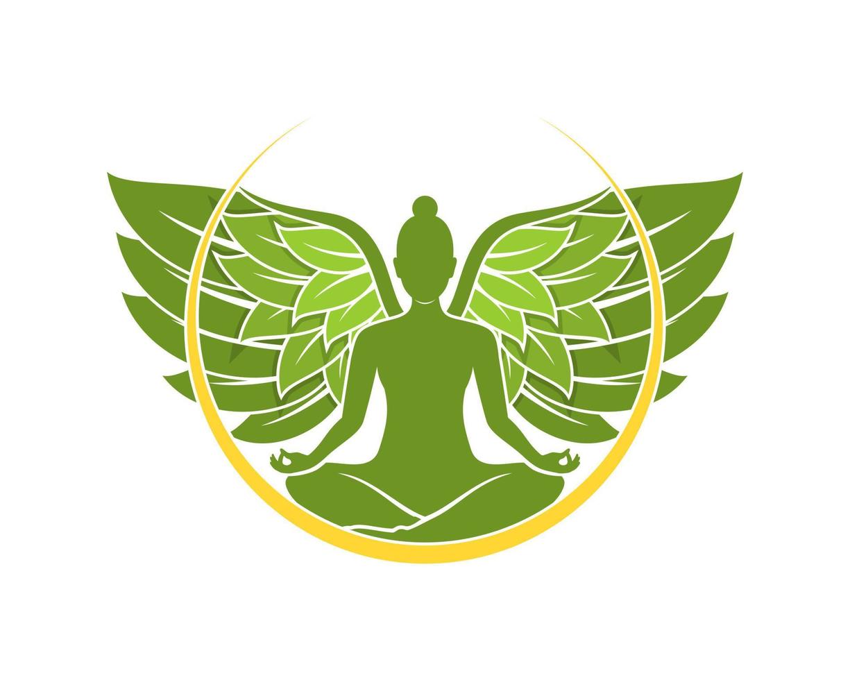 woman meditation with green leaves wings vector
