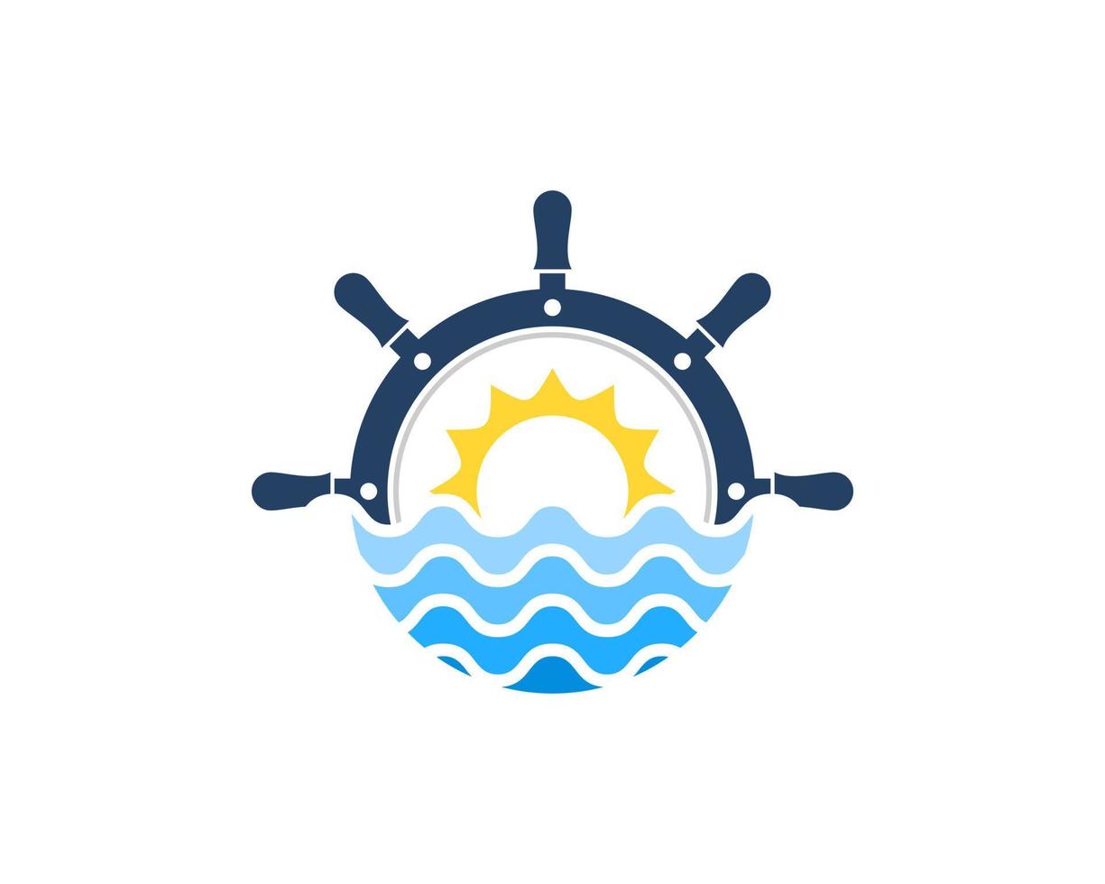 Half of ship steering wheel with abstract beach wave and sunset vector