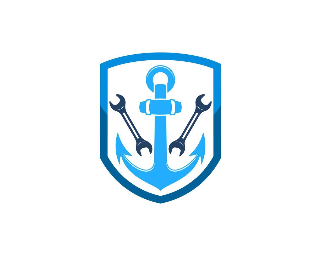 Shield with nautical anchor and wrench inside vector