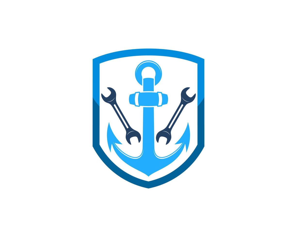 Shield with nautical anchor and wrench inside vector