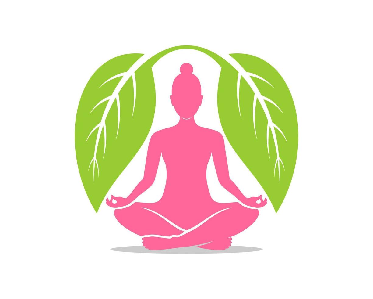 Woman meditation with green leaf protection vector