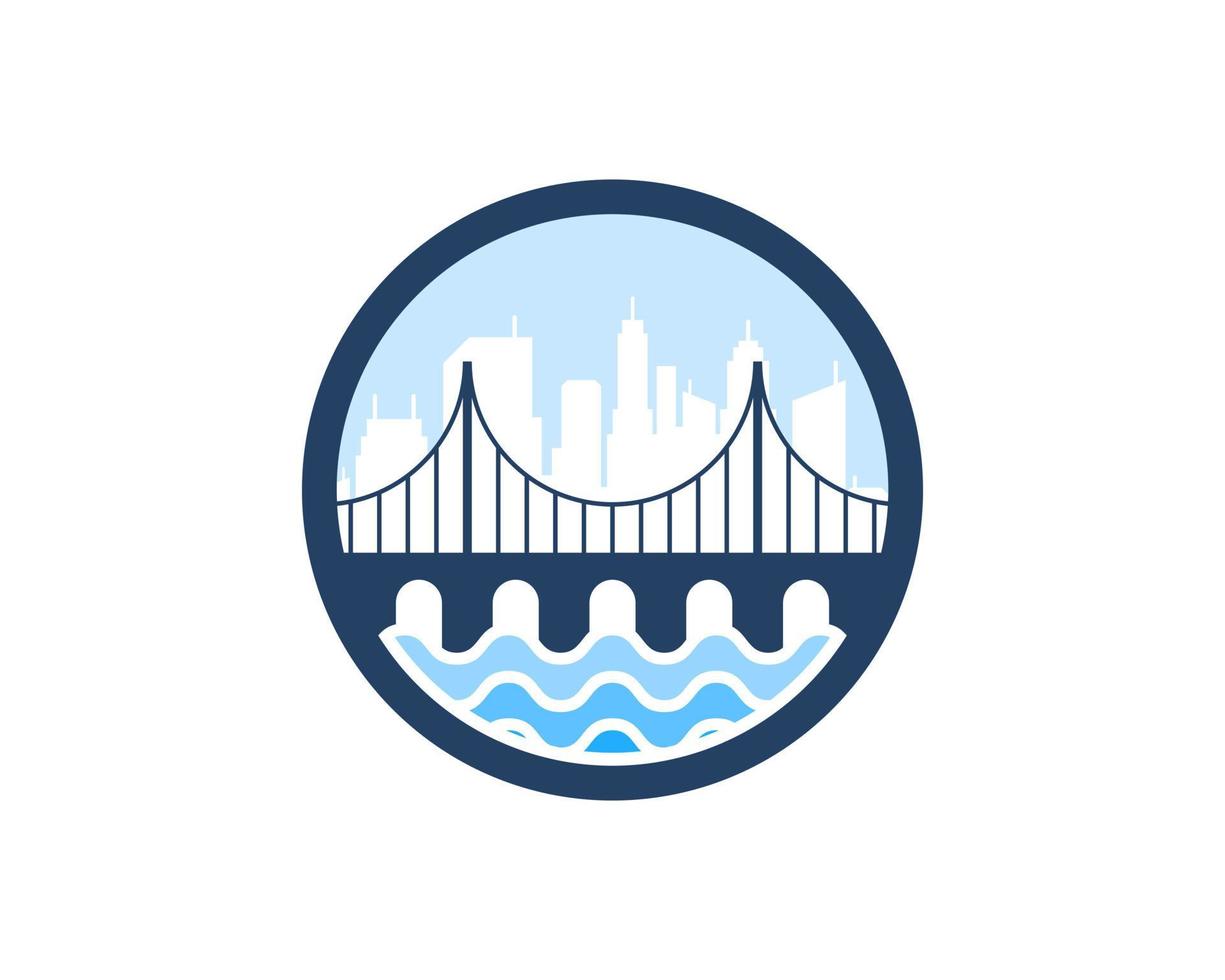 Circle shape with bridge on the top of water wave and city silhouette behind vector