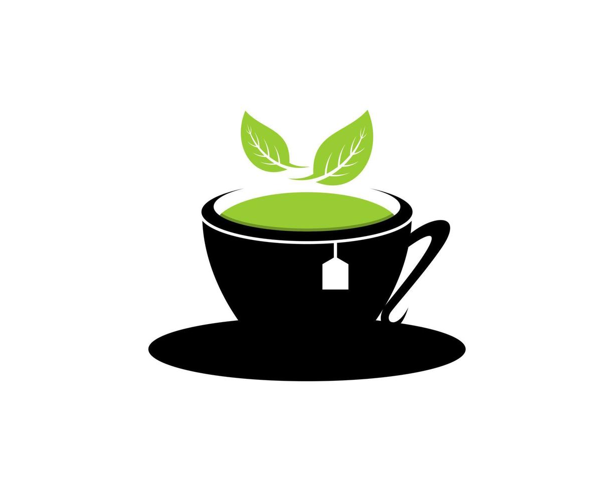 Black cup with green tea and nature leaf vector