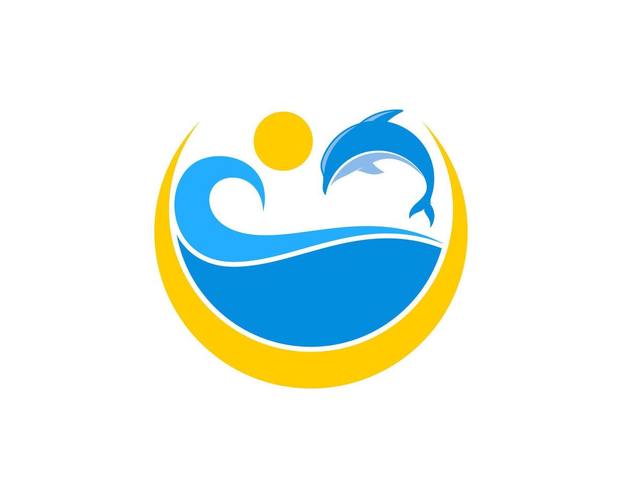 Circular swoosh with beach wave and jumping dolphin vector