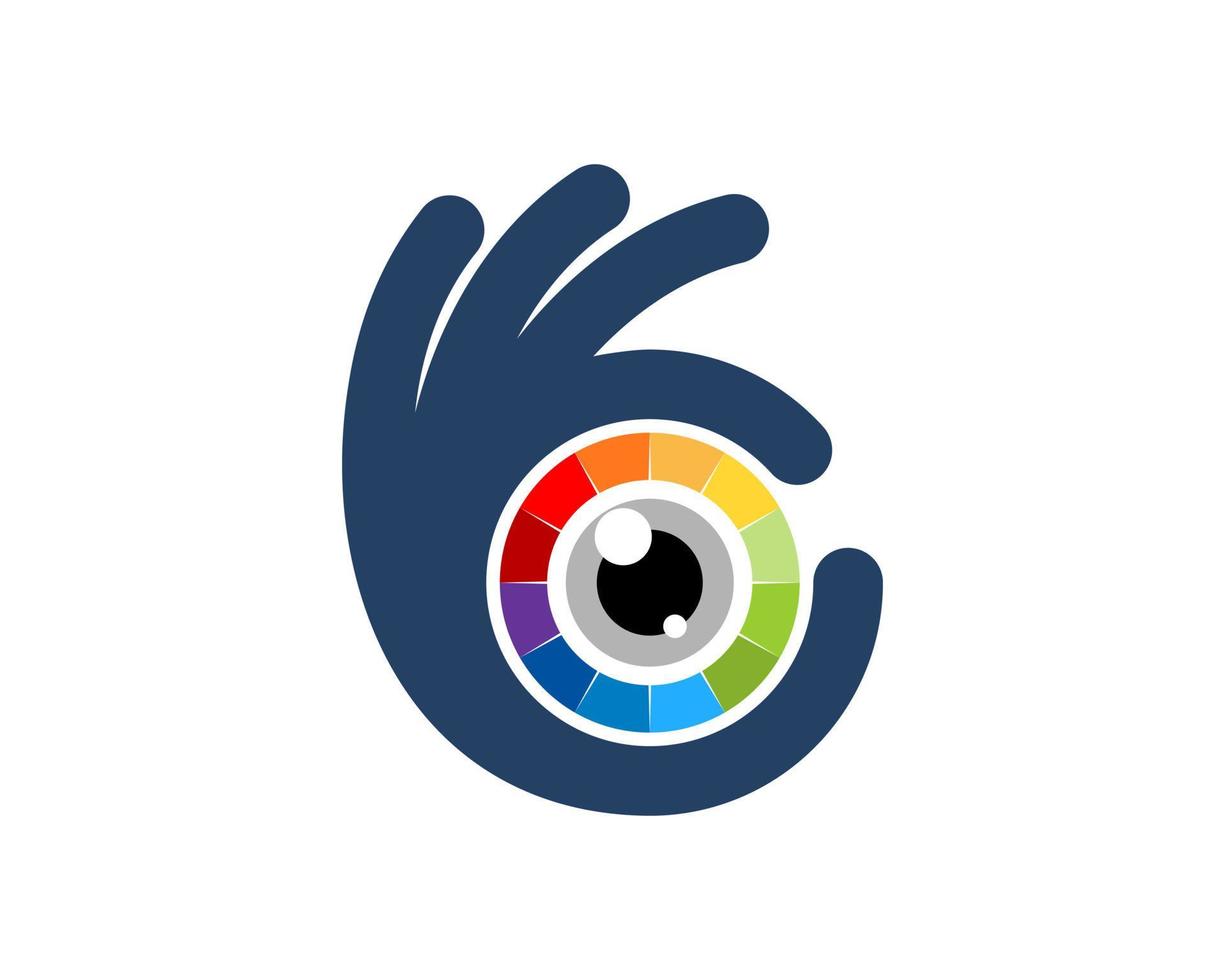 Hand with OK symbol and rainbow lens camera inside vector