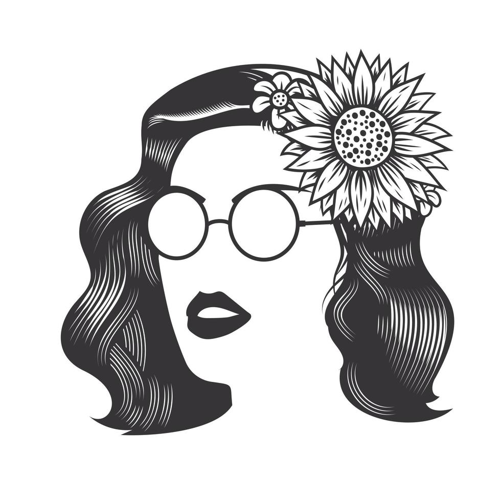 Rostro de mujer con peinados vintage para flor en cabello largo y gafas de sol ilustración de arte de línea vectorial. vector