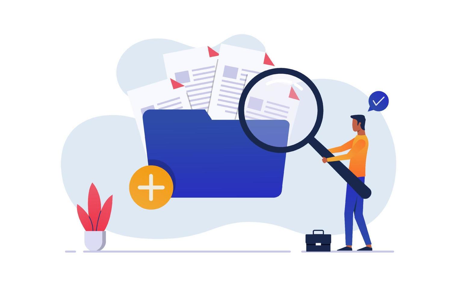 Male worker add files to big folder. Storage and indexing of information. Businessman holds magnifying glass. User and data archive. Database, searching info. vector