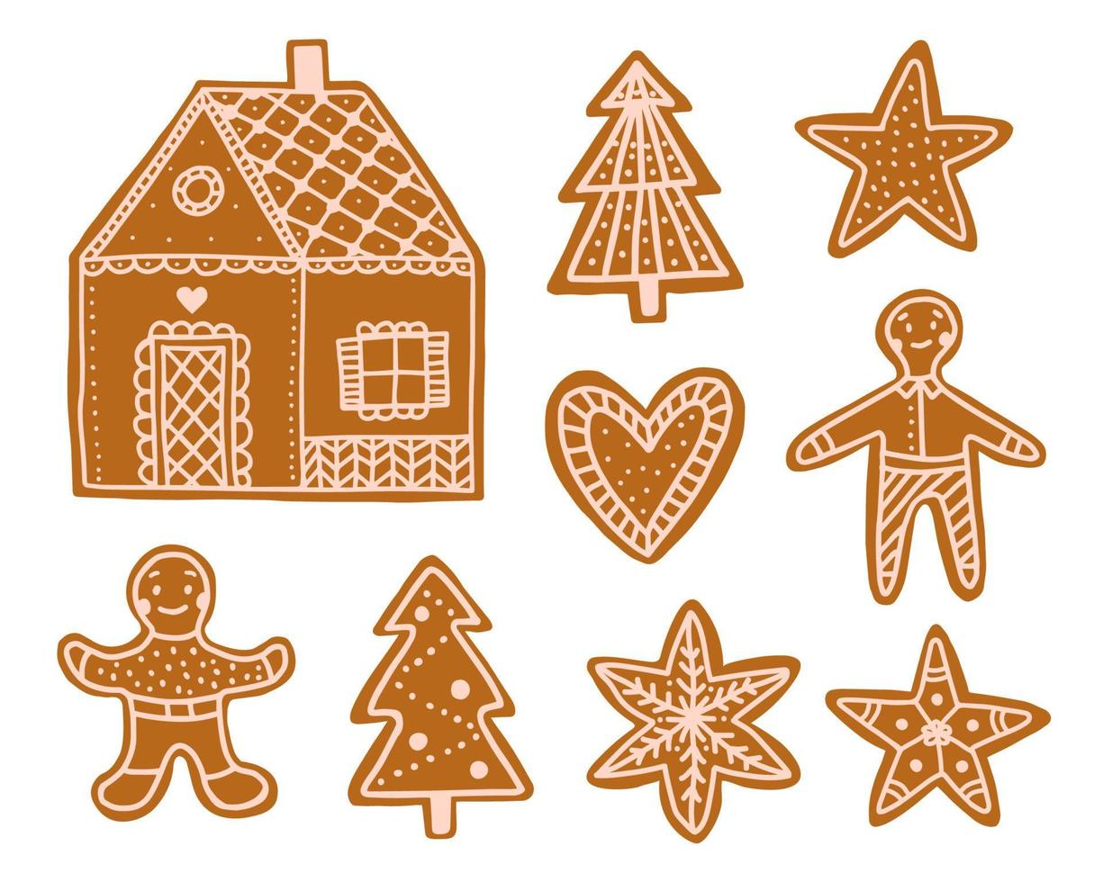 Vector set with christmas cookies. Gingerbread cookies in the shape of hearts, Christmas trees and men.