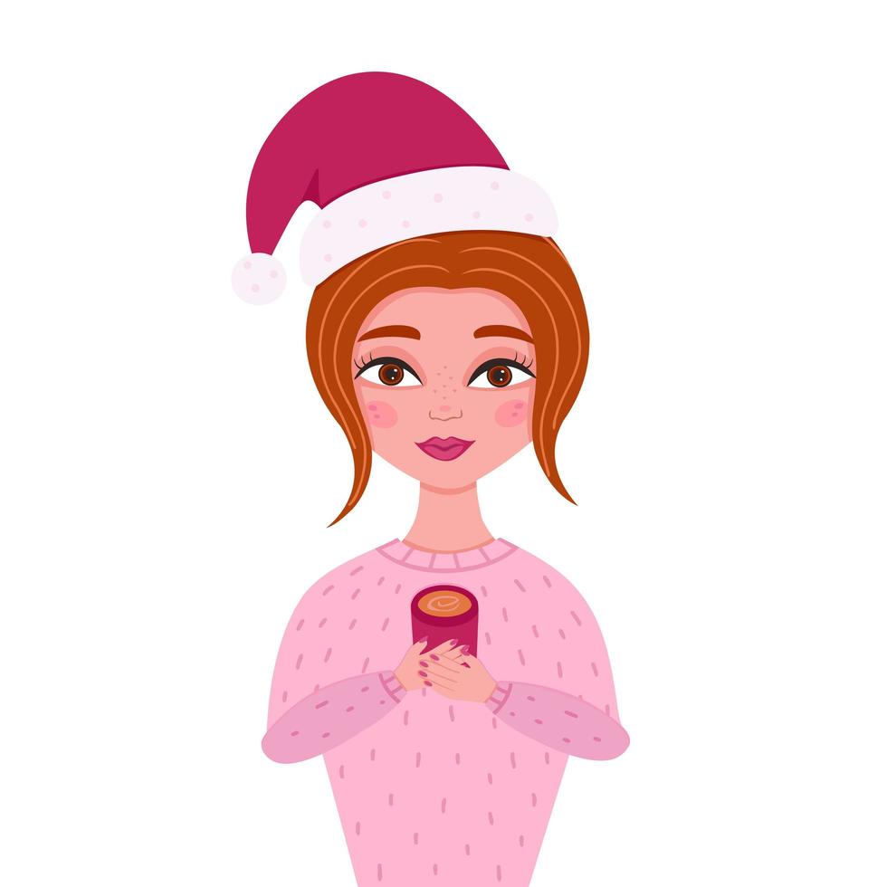 hermosa chica con un sombrero de Navidad con café, mujer, esposa, mamá, hermana, colega. ilustración para fondos, tarjetas de felicitación y diseño estacional. aislado sobre fondo blanco. vector