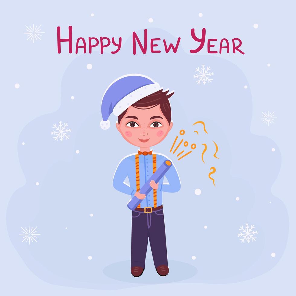 Happy New Year card, boy in christmas hat with confetti cracker. Illustration for printing, backgrounds, covers, packaging, greeting cards, posters, stickers, textile, seasonal design. vector