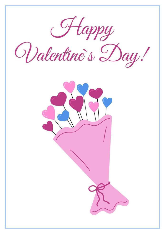 Bouquet of cute pink flowers isolated. Happy Valentines Day greeting card. Love holiday. Vector flat illustration