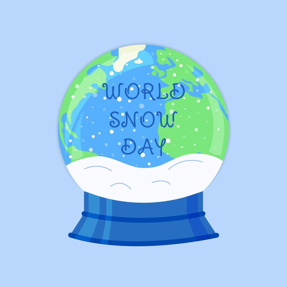 World Snow day. Snowball with snowfall and Earth planet inside. Global winter holiday celebration poster. Vector flat illustration