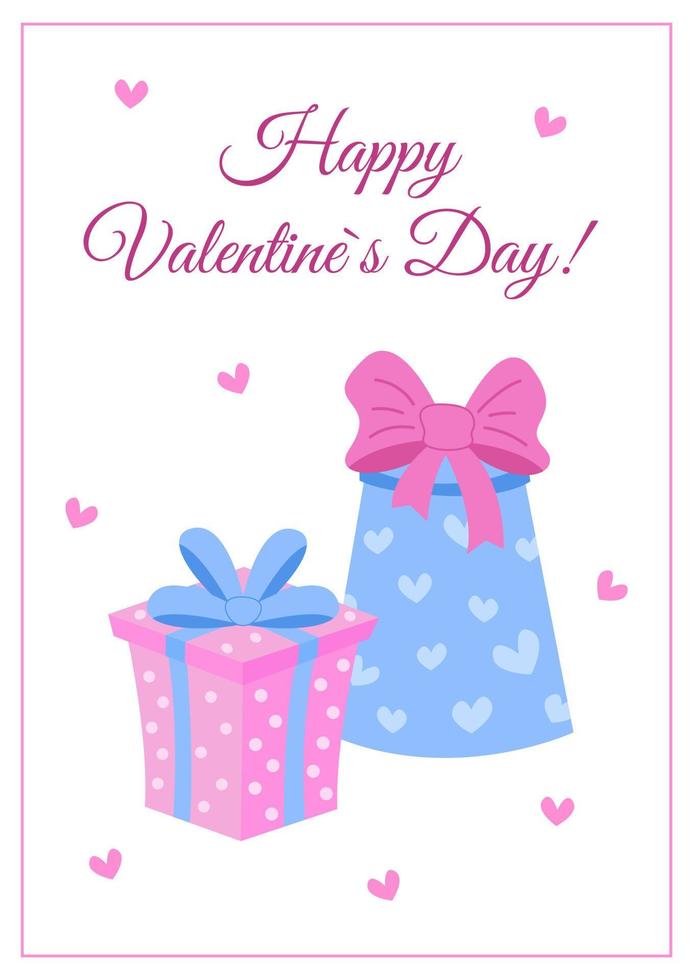 Happy Valentines Day greeting card. Cute romantic gift boxes. Love holiday. Vector flat illustration