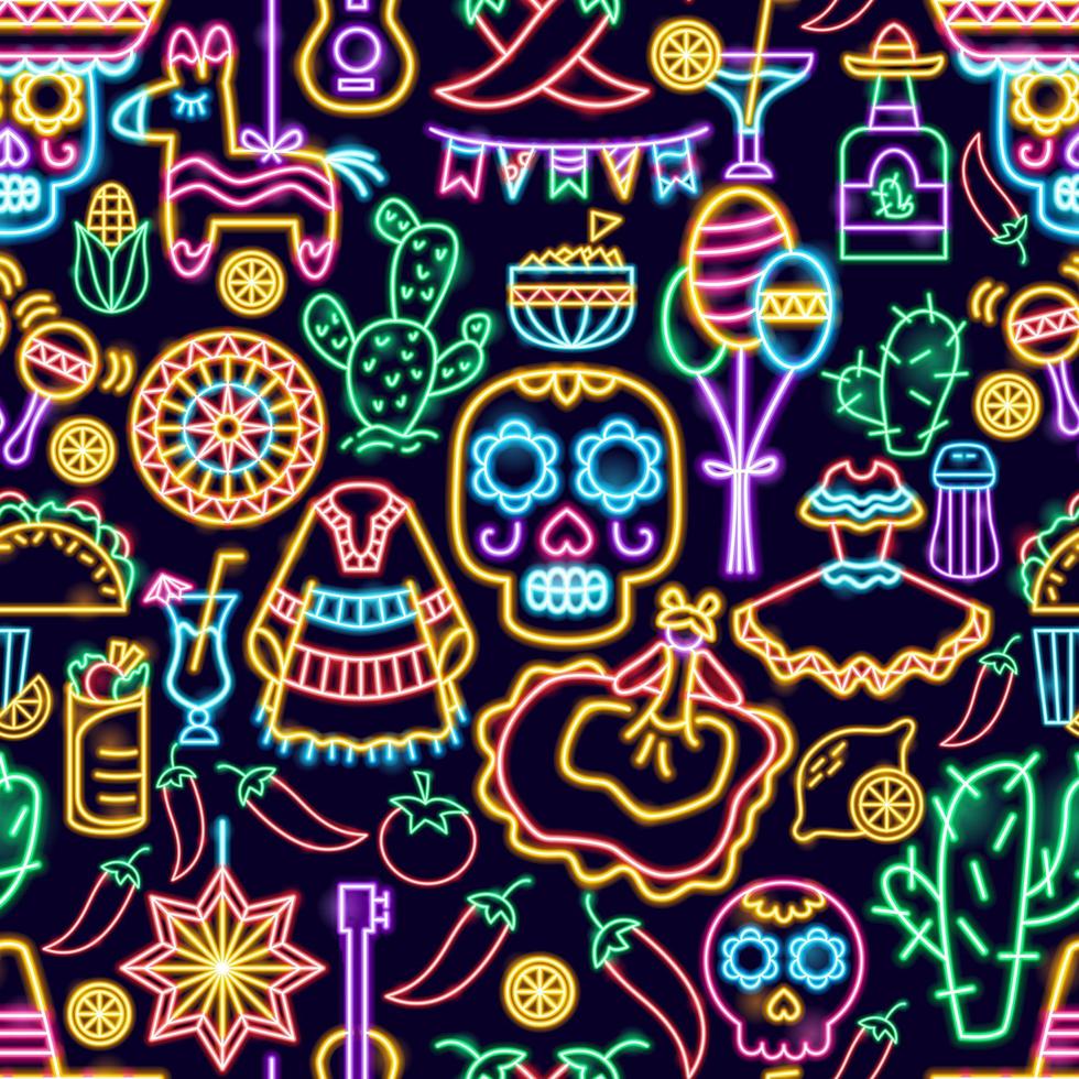 Mexican Holiday Seamless Neon Pattern vector