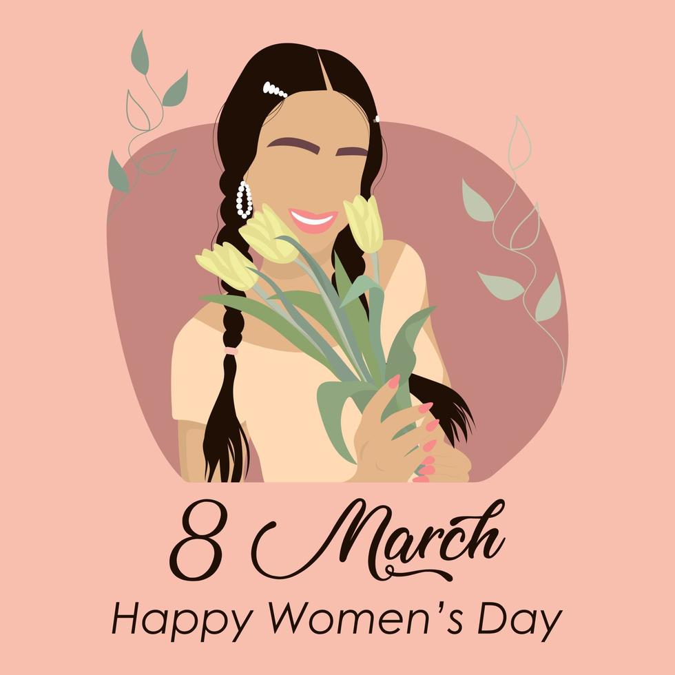 Faceless smiling girl with yellow tulips in her hand. 8 March Happy Women's Day poster. vector