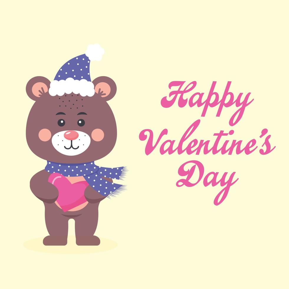 Cute teddy bear in a scarf and hat holding a heart. Happy Valentine's day. vector