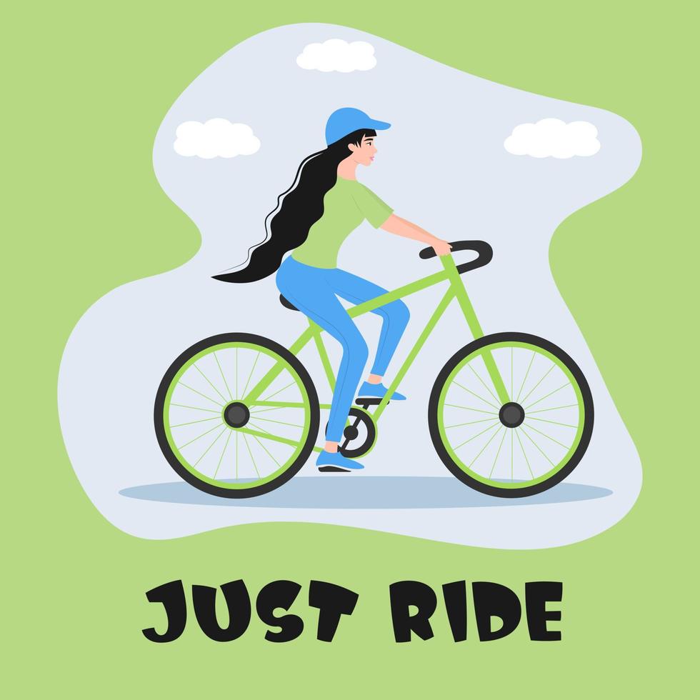 Girl dressed in sport clothes is riding bicycle. Just ride slogan. vector