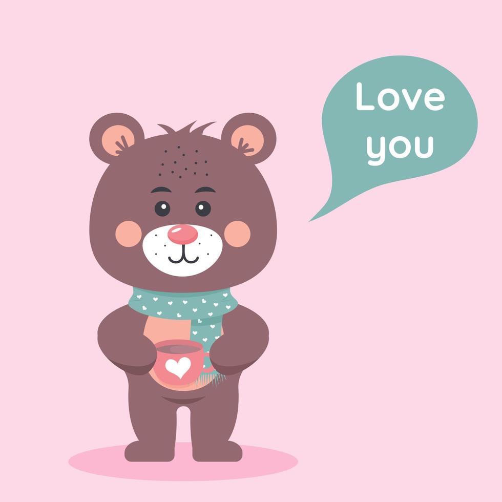 lindo oso de peluche con una bufanda sosteniendo una taza con un corazón. Te amo letras en bocadillo. vector