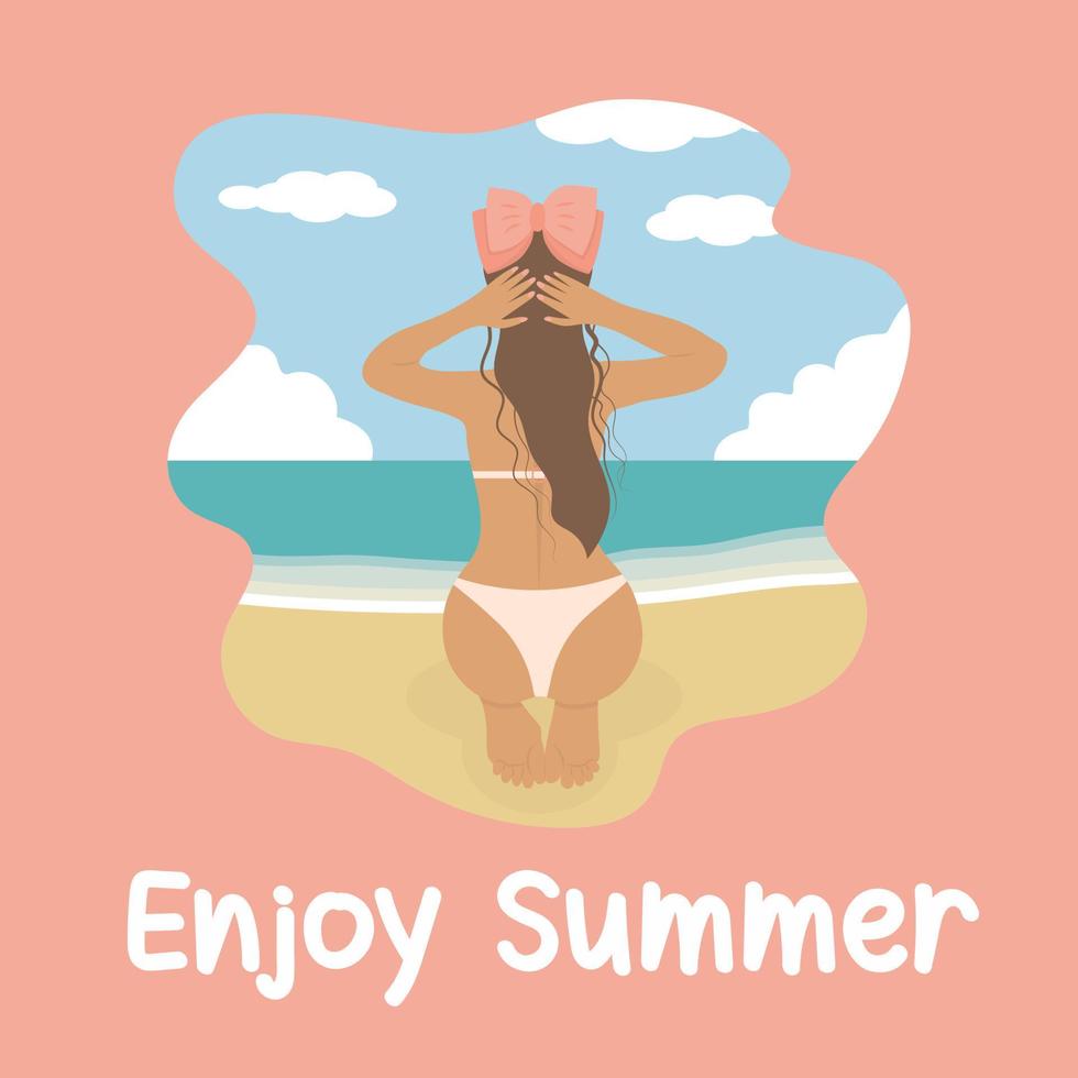 Back view of girl in a swimsuit relaxing on the beach. Enjoy Summer text. vector