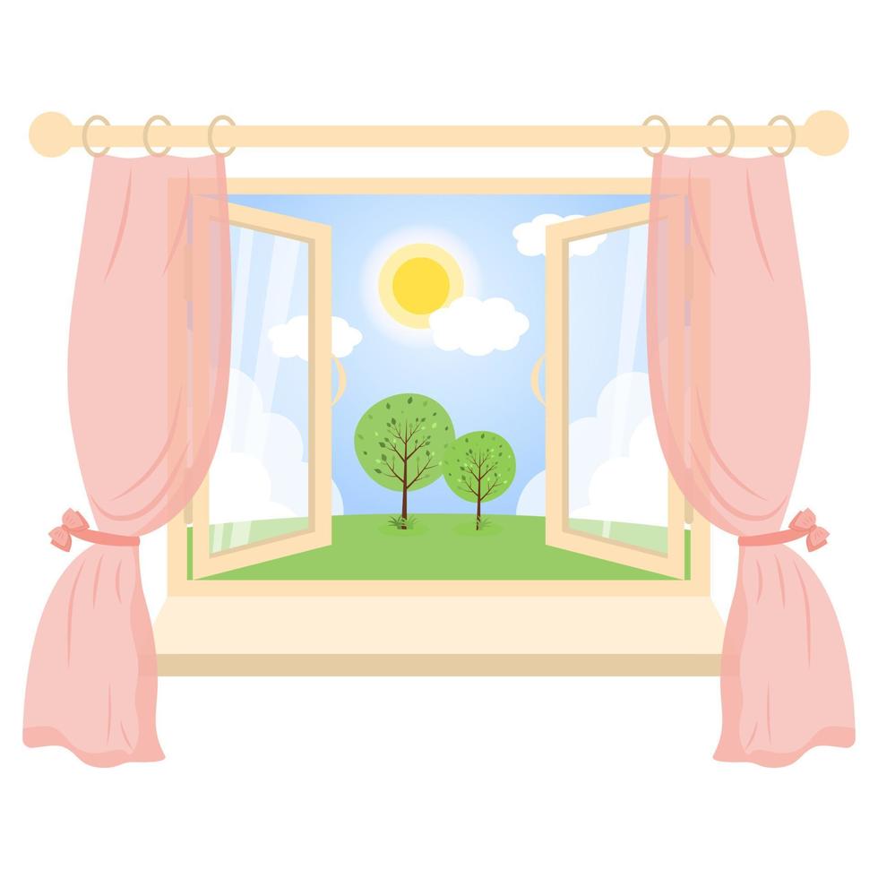 Open window with sunny day scene view. vector