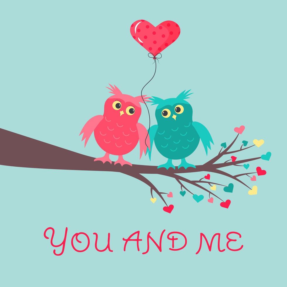 Cute owls in love are sitting on the branch. A balloon in the form of a heart is between them. You and me text. vector