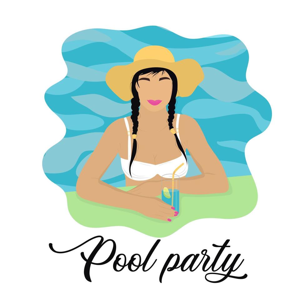 Invitación a fiesta en la piscina baner con chica con sombrero en la piscina. vector