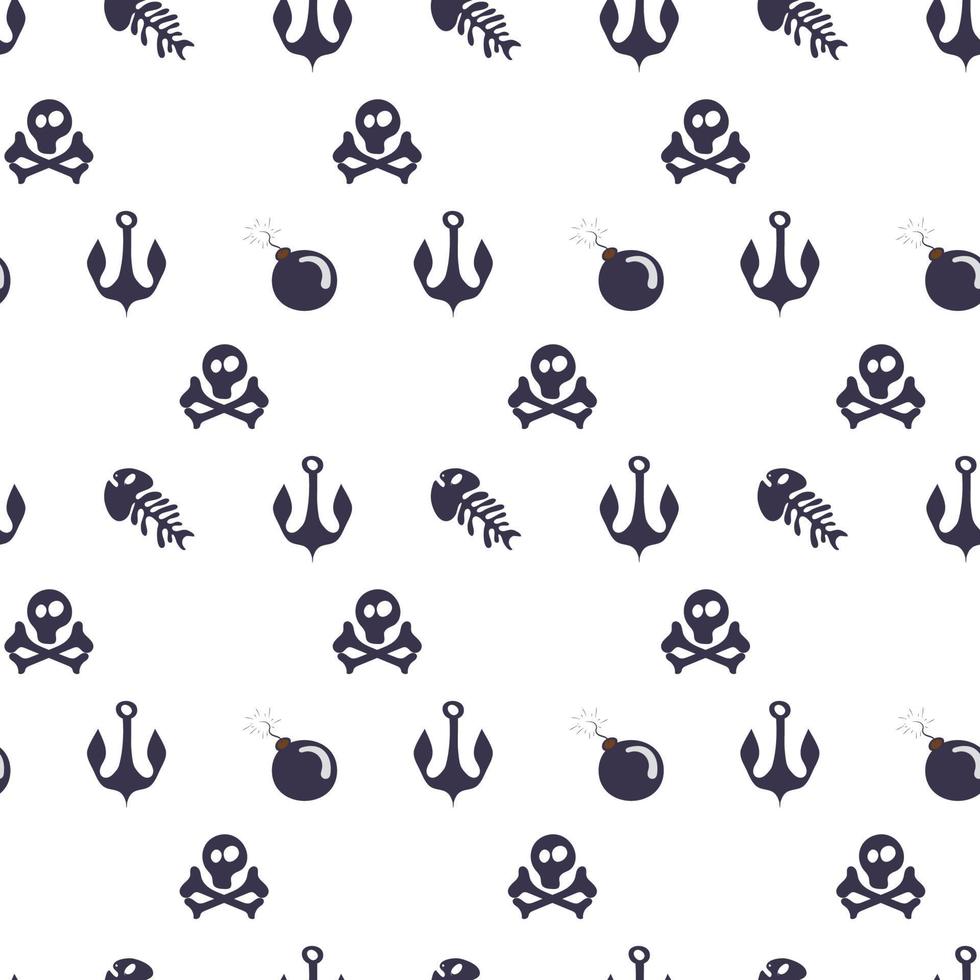 pattern with skull, bones, fish skeleton, bomb and anchor vector