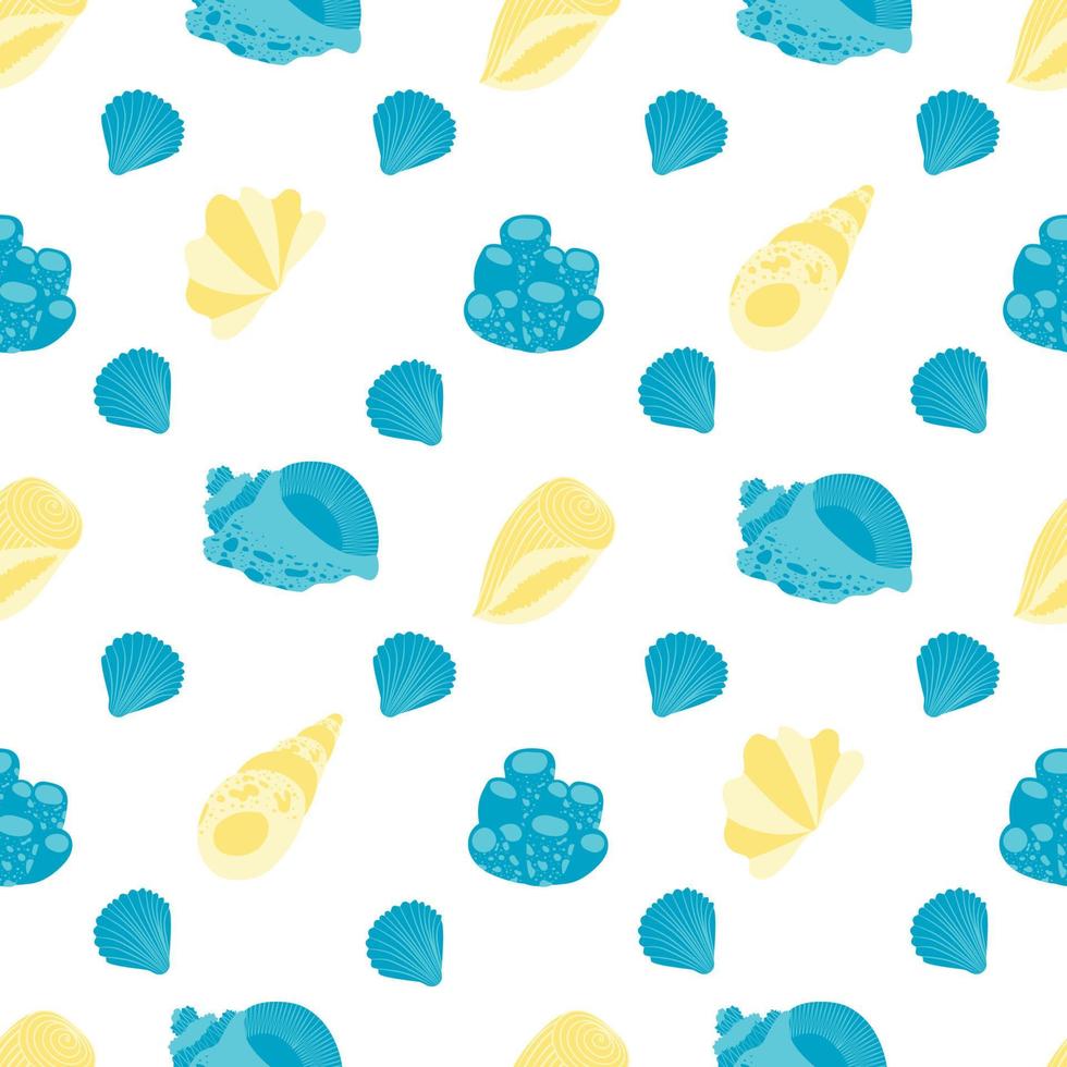 seamless pattern with yellow and blue seashell and coral. underwater world. vector